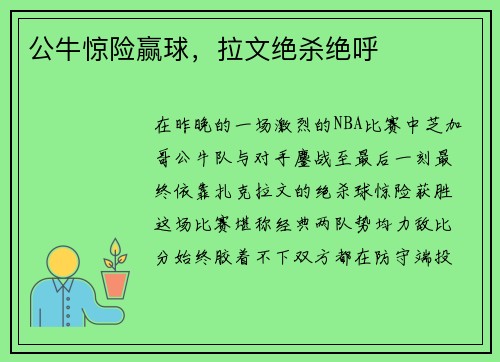 公牛惊险赢球，拉文绝杀绝呼