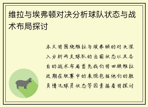 维拉与埃弗顿对决分析球队状态与战术布局探讨